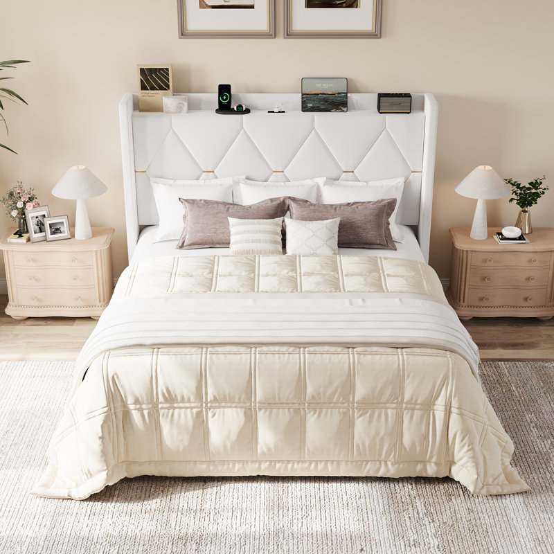 Modern Tufted Velvet Upholstered Bed With Charging Station & Storage Shelf ,No Box Spring Needed, White, Queen