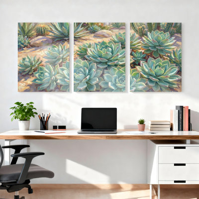 Ensemble de 3 tableaux sur toile représentant un jardin de plantes succulentes, idéal pour la décoration du salon, de la chambre et de la maison.