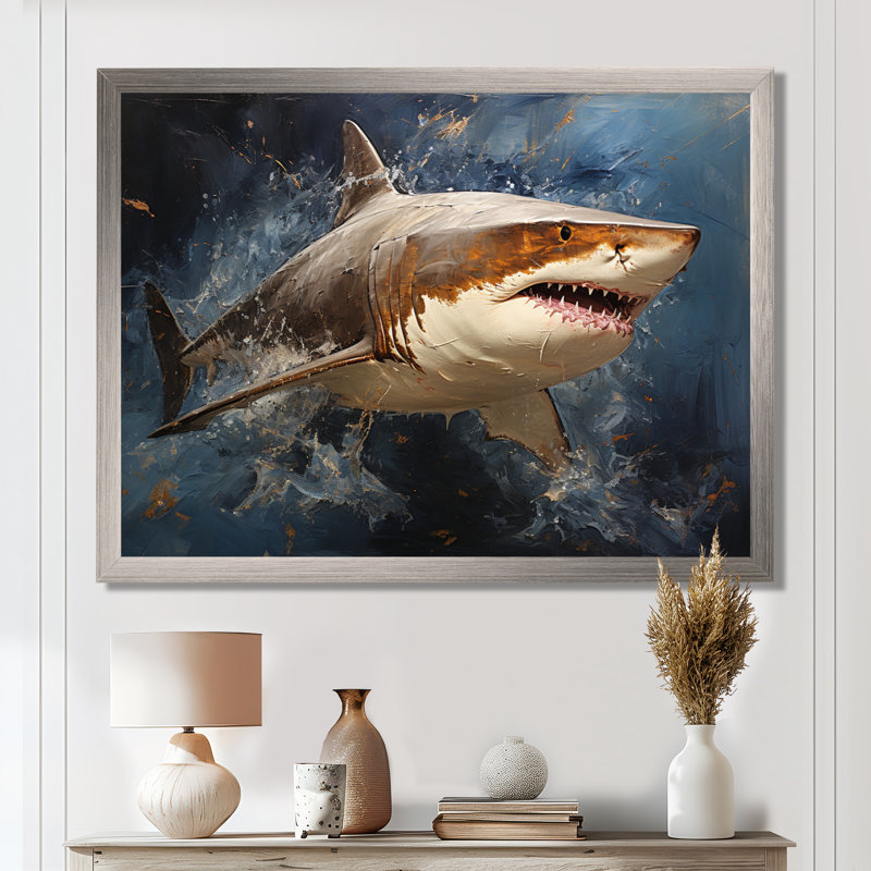 Underwater Shark Attack I - Shark Large, art mural, H 24 po x l 32 po x P 1 po, Cadre de coin argenté fermé