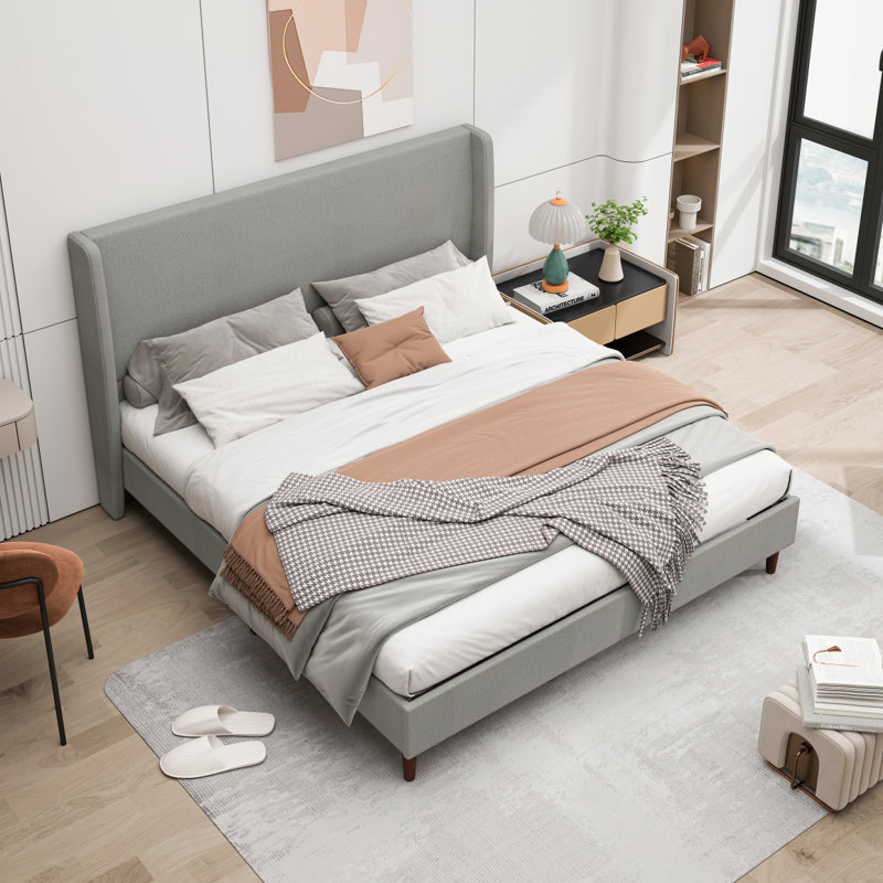 High Headboard Upholstered Bed, King Size Bed Frame, 12-Slat Support, Easy To Assemble,Light Gray , Chenille Cloth, No Box Spring Needed