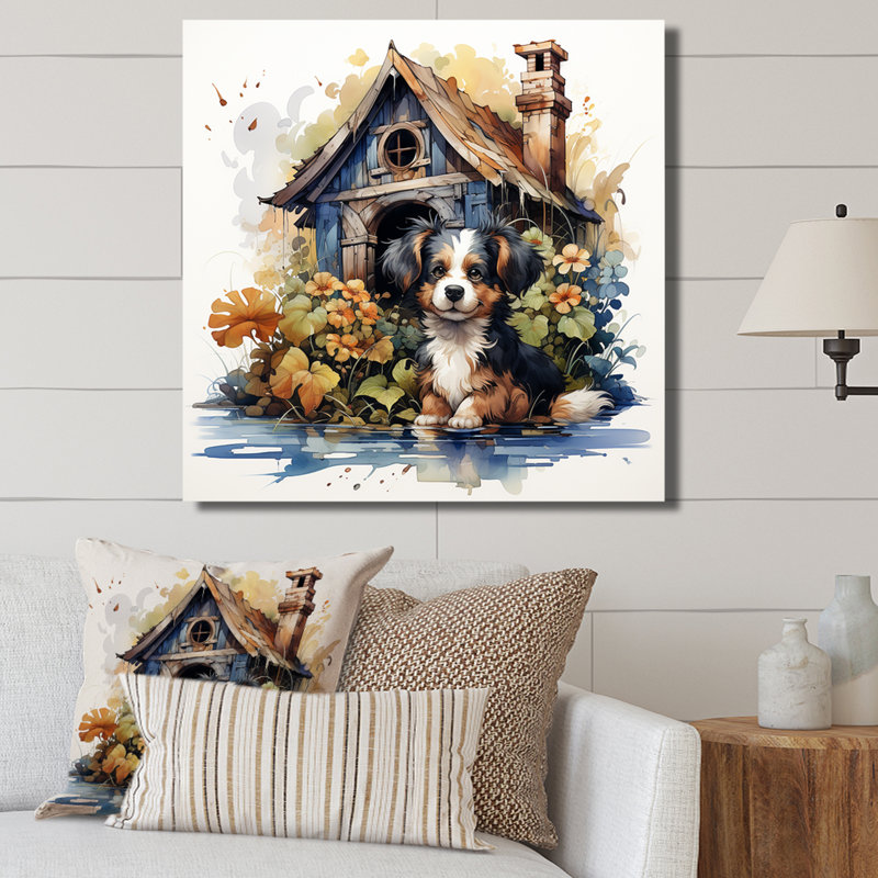 «Puppy Doghouse Blooms II», art mural chien, Toile tendue, H 30 po x l 30 po x P 1,5 po