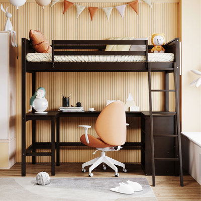 Lit mezzanine simple avec tablettes et bureau, lit mezzanine en bois avec bureau