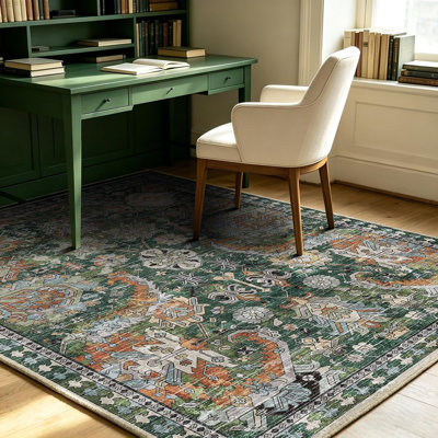Tapis lavable vert vintage à motifs tribaux, doux et antidérapant, résistant aux taches et à l'eau, idéal pour le salon, la chambre et la chambre d'enfant. Convient aux animaux et aux enfants.