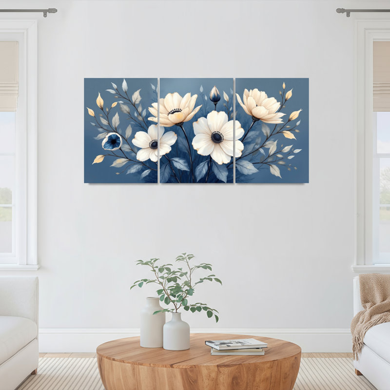 Ensemble de 3 tableaux sur toile tendue, motif floral de coquelicots blancs et de feuilles sur fond bleu, H 30 po x l 60 po