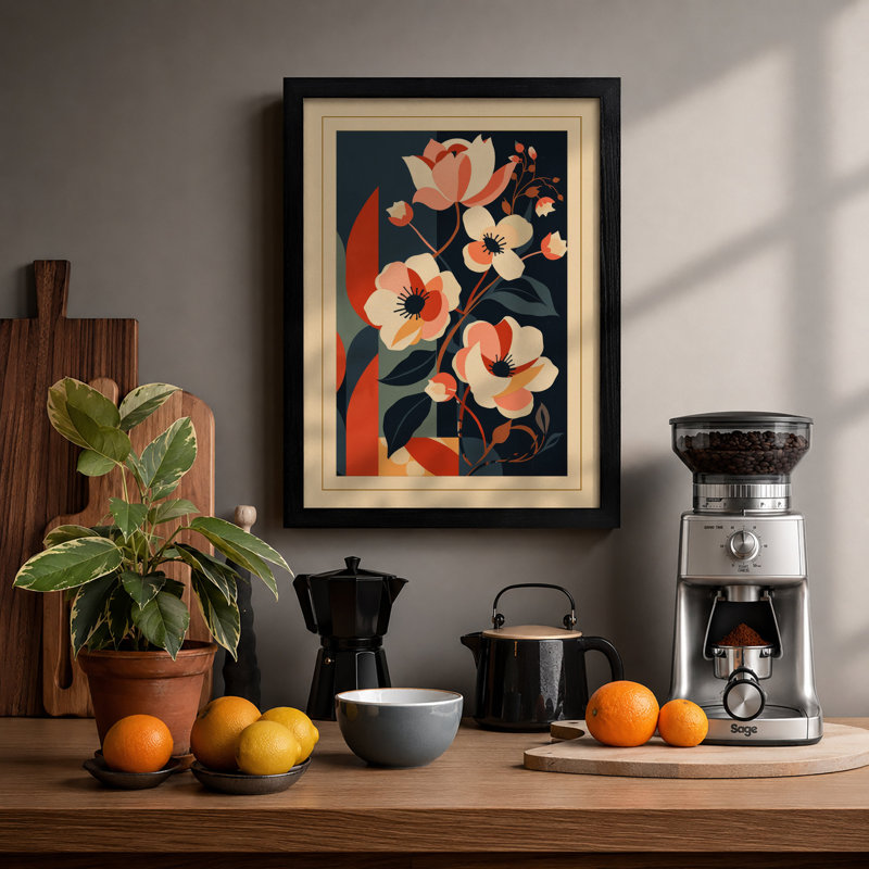 Peachy Blooms on Navy Botanical - Framed Print, A4 - 29.7 x 21.0 cm, Black
