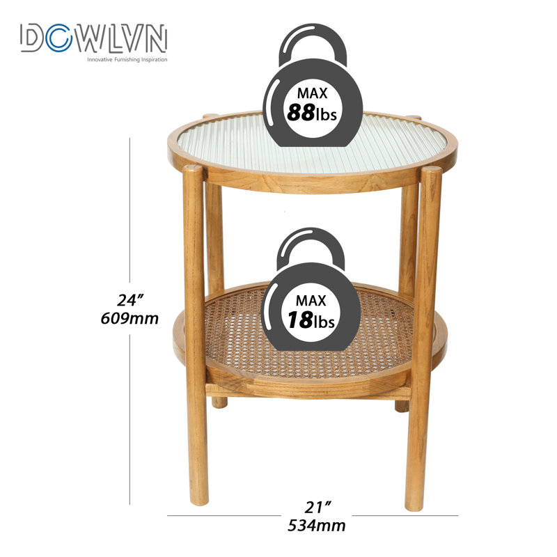 Charie Boho Glass Rattan Wood Round Storage Side End Table