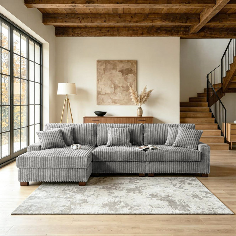 3 - Piece Upholstered Light Gray Faux Rabbit Fur Flannel Modular Sectional Sofa with Armrests & Throw Pillows