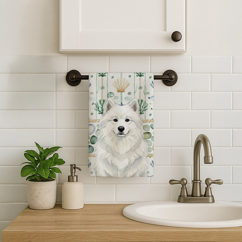 White Samoyed Coastal Sea Glass Kitchen Towel, White Samoyed