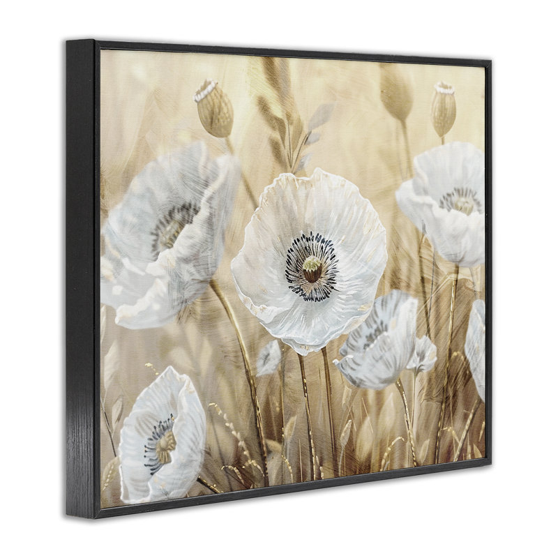 Giclée sur fond blanc, coquelicots blancs, design par Kim Allen, H 24 po x l 30 po, Giclée noire de minuit encadrée