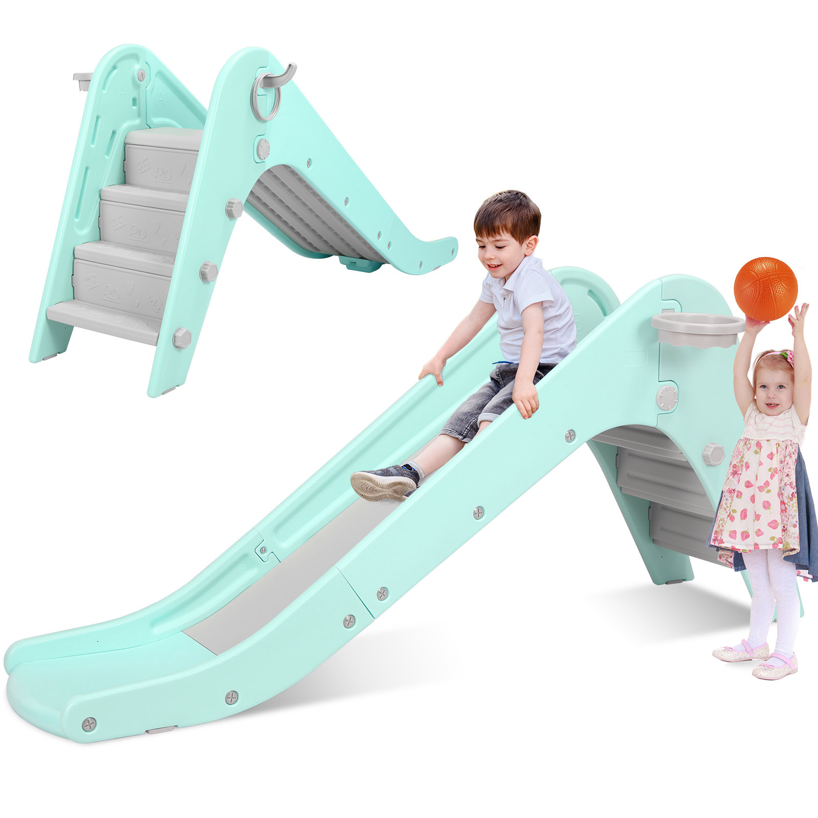 Pirecart Large Extented Freestanding Toddler Slide w/Basketball Hoop ...