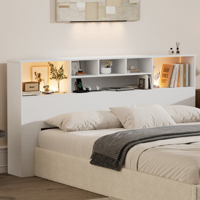 Modern Wooden Bookcase Headboard with Adjustable LED Lights & Charging Station – Queen & King Sizes,