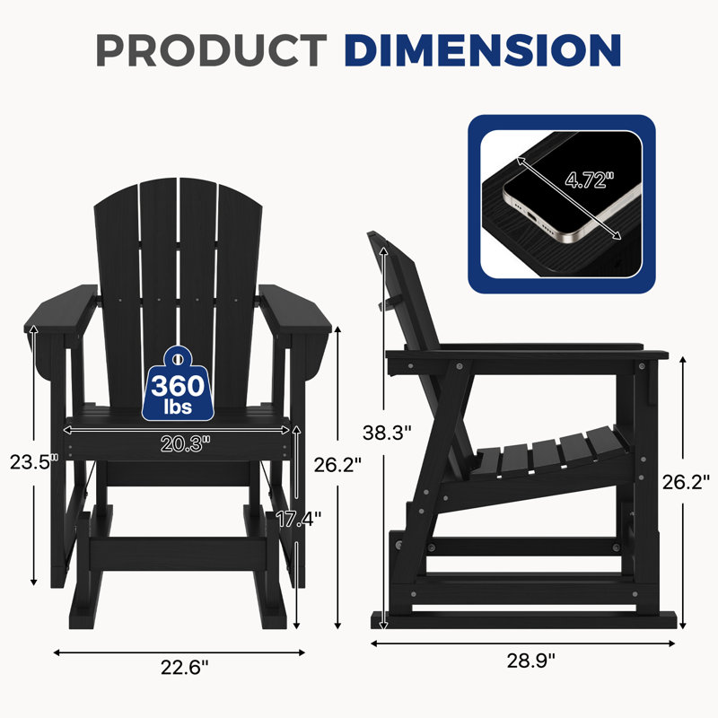 Fauteuil oscillant en PEHD Adirondack, Noir, 4