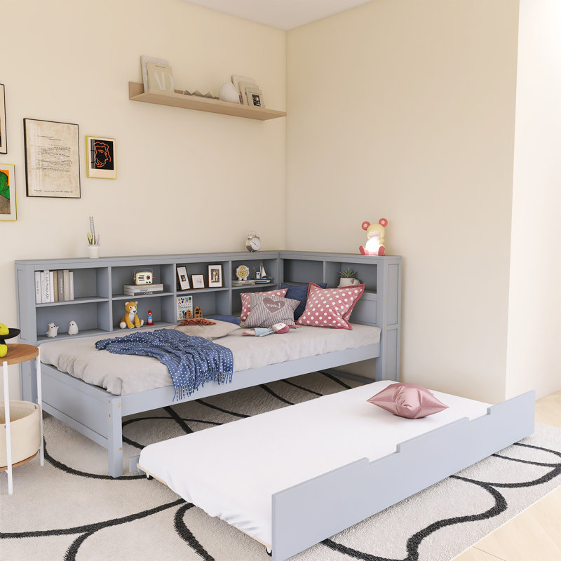 Lit de jour avec lit gigogne simple, lit de jour avec tablette de rangement et ports de chargement USB, Gris