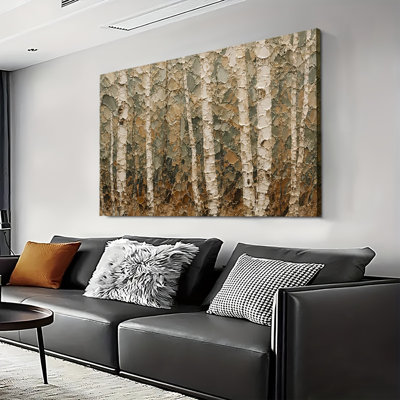 Peinture texturée au couteau à palette représentant une forêt de bouleaux, art abstrait en impasto vert sauge, toile tendue