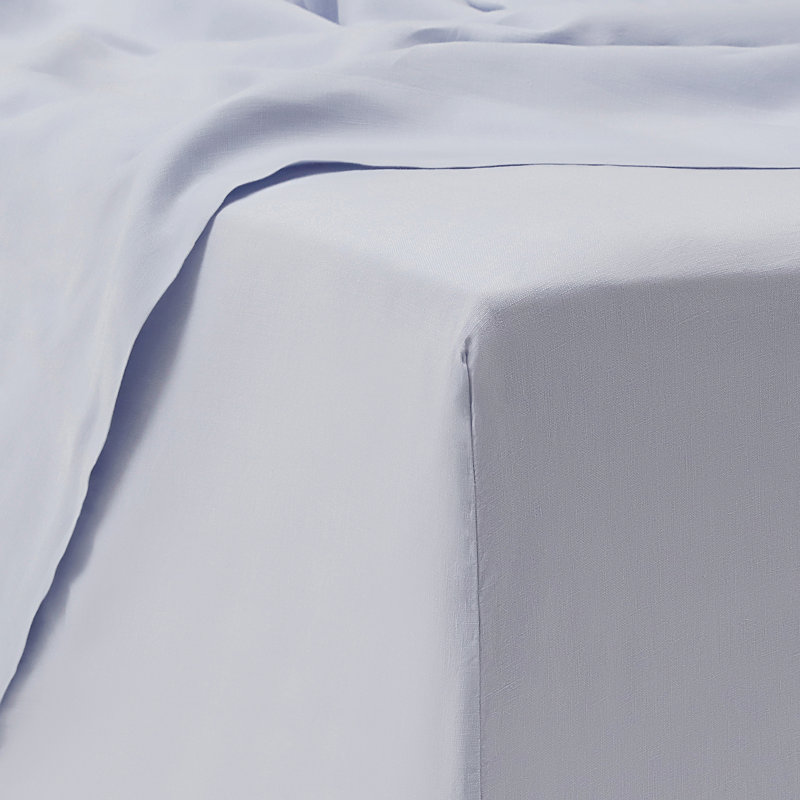 Ensemble de draps 100% lin lavé 4 pièces, Bleu ciel, Ensemble de draps pour grand lit avec 2 taies d'or