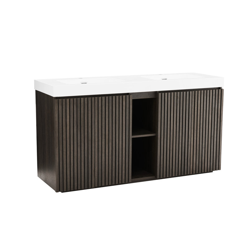 Chêne fumé, meuble-lavabo, lavabo double, surface à eau, lattes de bois, armoire à double porte avec rangement intelligent, rangement spacieux, charnières à fermeture en douceur, design moderne