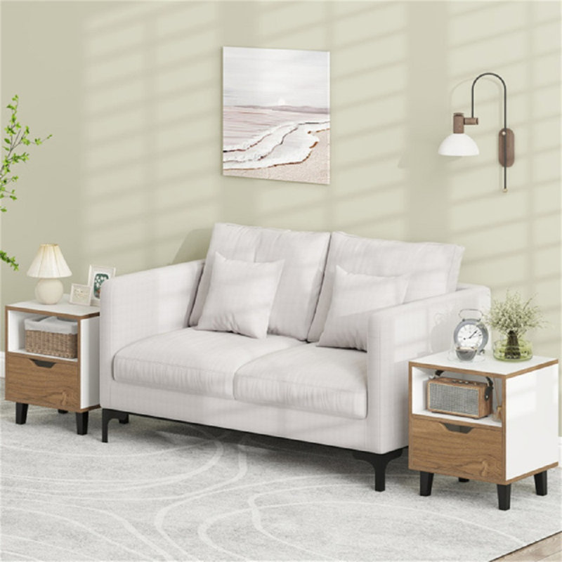 Ensemble de 2 tables de chevet de rangement à 3 niveaux avec plateau de rangement en bois blanc crème