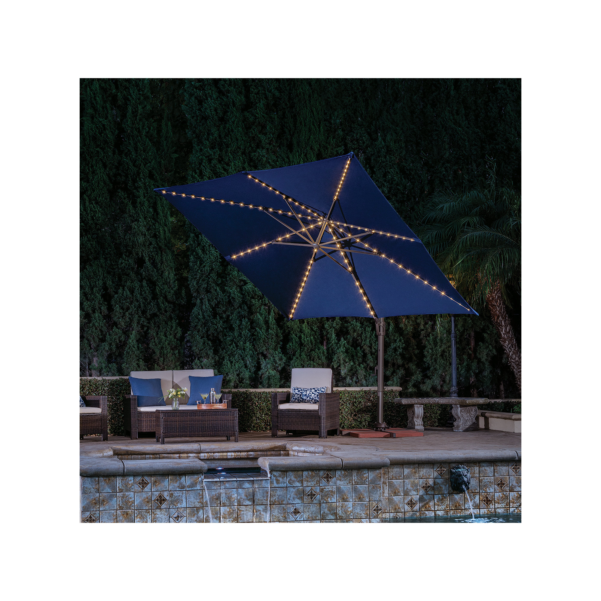 Windell 120'' Cantilever Outdoor Umbrella with lights, Canvas Navy Sunbrella® Canvas