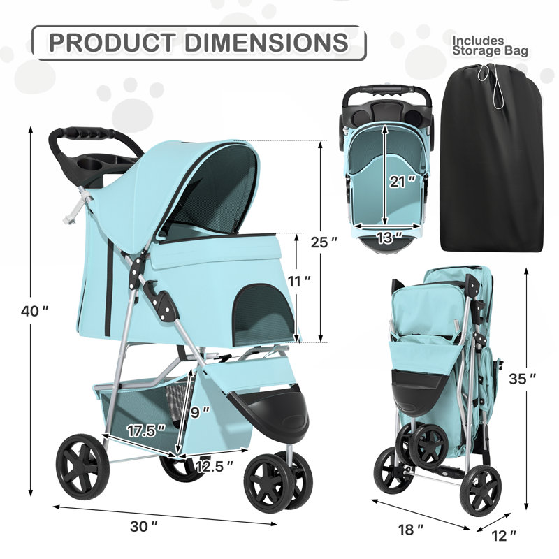 Foldable Pet Stroller, 3 Wheels Folding Carrier Jogger Stroller for Dogs Cats with Canopy and DIY Stickers, Blue/Solid