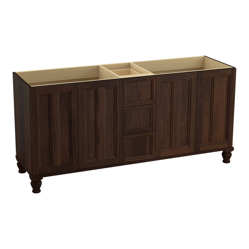 Damask 72" Vanity Base Only with Furniture Legs, 4 Doors and 3 Drawers, Split Top Drawer, Ramie couleur noyer