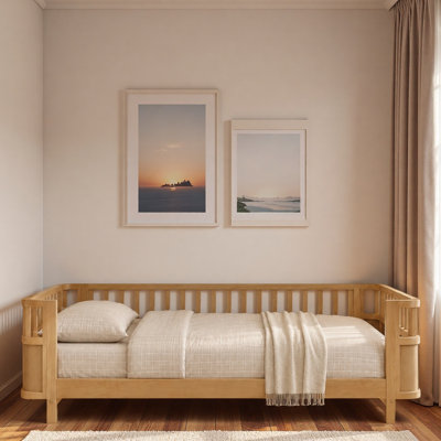 Lit pour enfant à profil bas avec coin arrondi lisse et support en lattes de bois