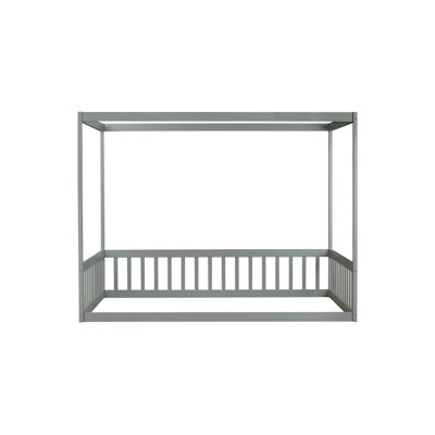 Full Size Canopy Frame Rubber Wood Floor Bed with Fence,Guardrails,Grey