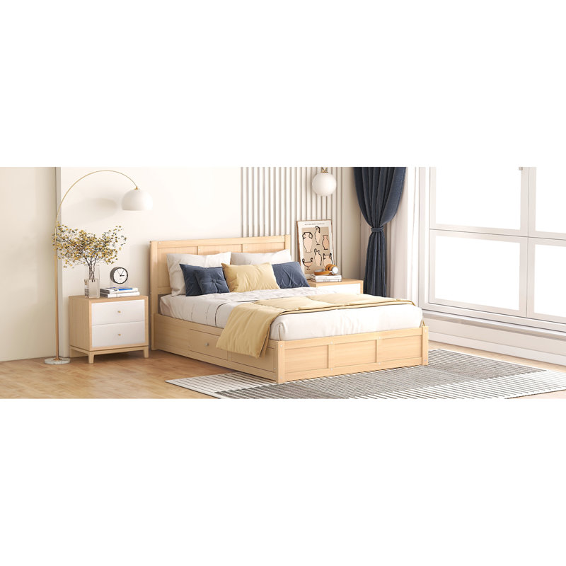 Lit plateforme en bois avec espace de rangement inférieur et 2 tiroirs - stable, couleur naturelle, meubles de chambre à coucher