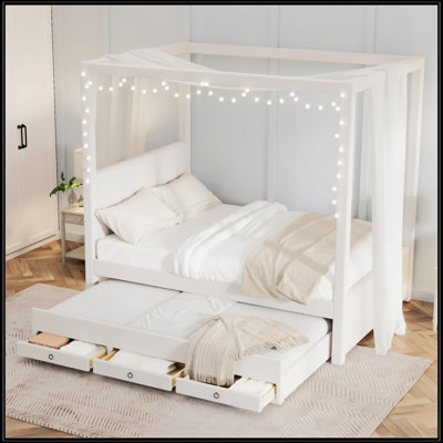 Solid Pine Wood Canopy Bed Frame with Pull Out Trundle & 3 Under-Trundle Storage Drawers, MDF Reinforced Bed with Pre-Drilled Holes Easy Assembly
