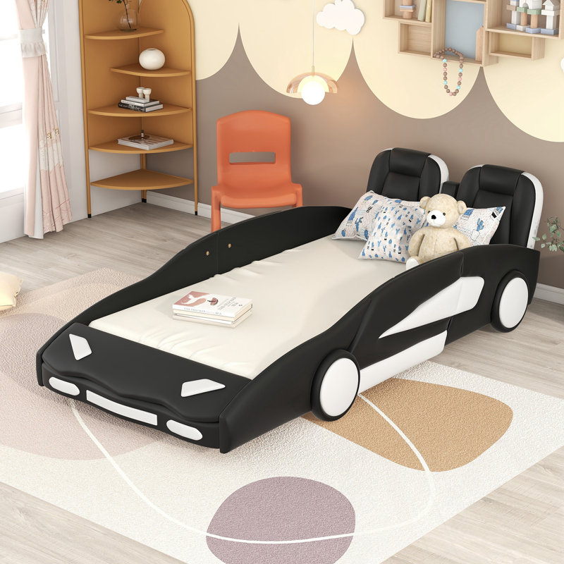 Lit plateforme simple en forme de voiture de course avec roues, Noir