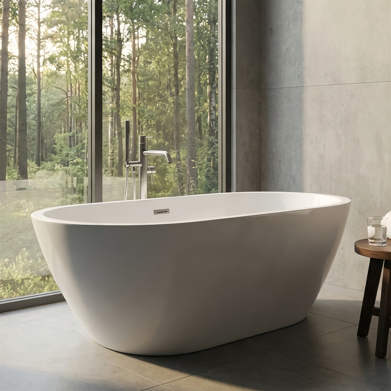 Baignoire de trempage autoportante ovale en acrylique de 59 po, rebord roulé, trop-plein chromé et bonde escamotable, trempage profond de 13,8 po, capacité de 119 gallons