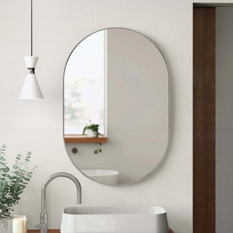 Élégant miroir ovale en métal, 28 po x 20 po, Argent argent
