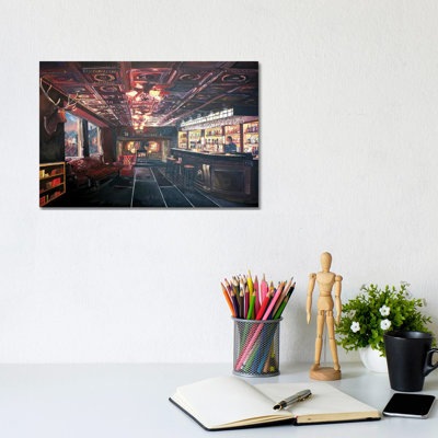 Romantic Night at Rustic Fireside Bar Scene with Village Street View by Markus & Martina Bleichner - Wrapped Canvas Painting 1 Piece Wrapped Canvas Painting