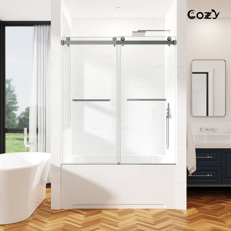 68-73" W x 60" H Frameless Double Sliding Tub Door with 3/8" (10mm) Clear Tempered Glass, Shatter-Resistant Film & Installation Hole Locator