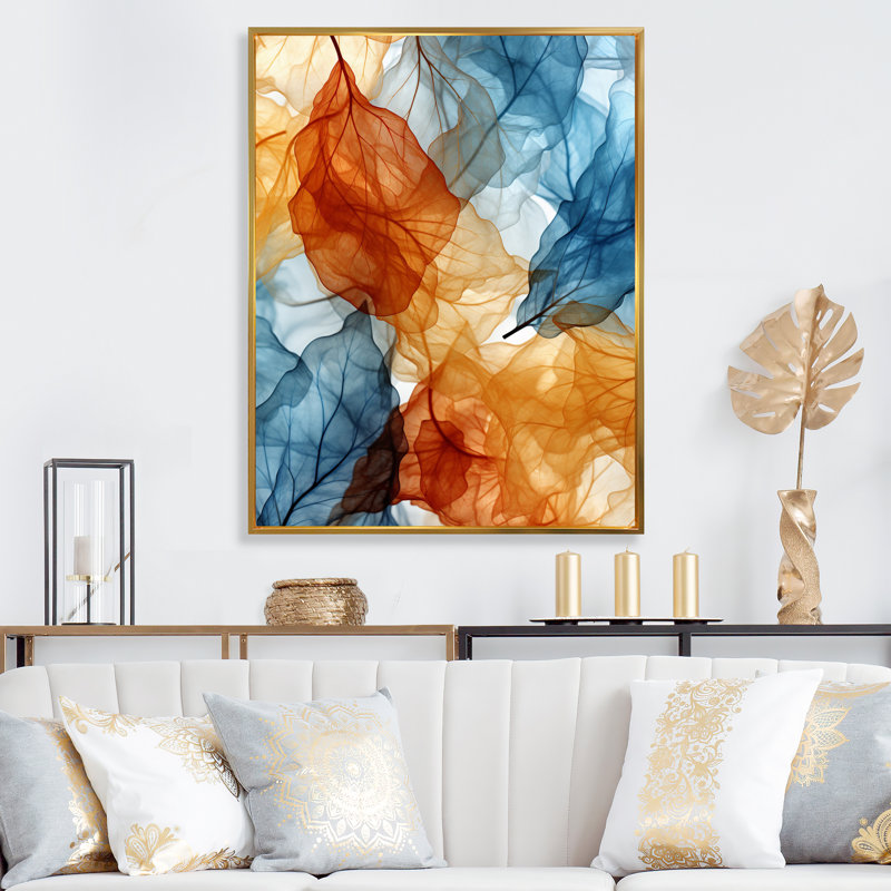 Rétro motif de feuille orange et bleu - formes abstraites, art mural, salon, H 32 po x l 24 po x P 1 po, Cadre flottant doré