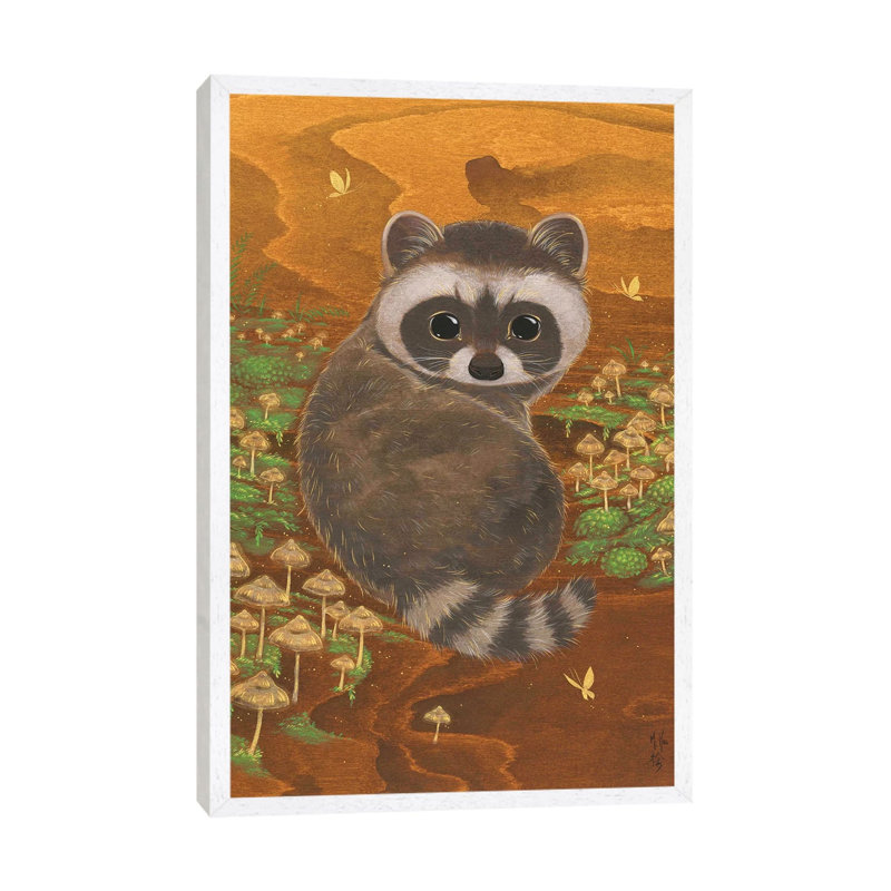 Raccoon And Mushrooms by Martin Hsu - Painting on Canvas, 66.04 cm H x 45.72 cm W, White Framed