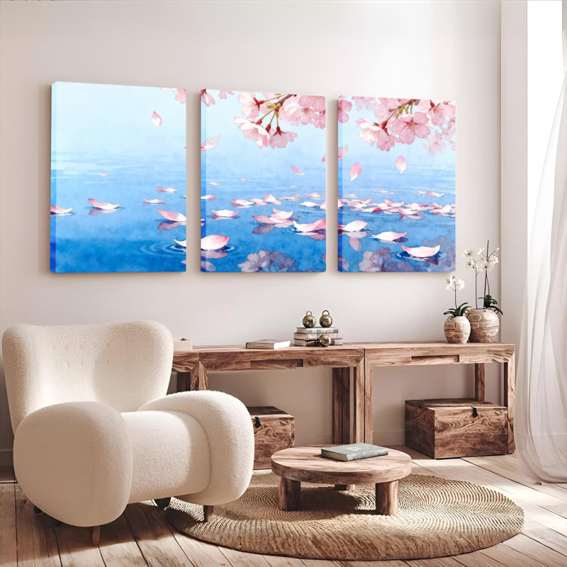 Tableau sur toile tendue « Pétales de fleurs de cerisier flottant sur l'eau » (lot de 3), H 30 po x l 60 po