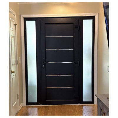 Front Exterior Prehung uPVC Metal-Plastic Door Manux 8415 Matte Black 2 Side and Top Sidelite Transom Office Commercial and Residential Doors Entrance Patio Garage 64 x 94 (W16+32+16 x H80+14) Left hand Inswing