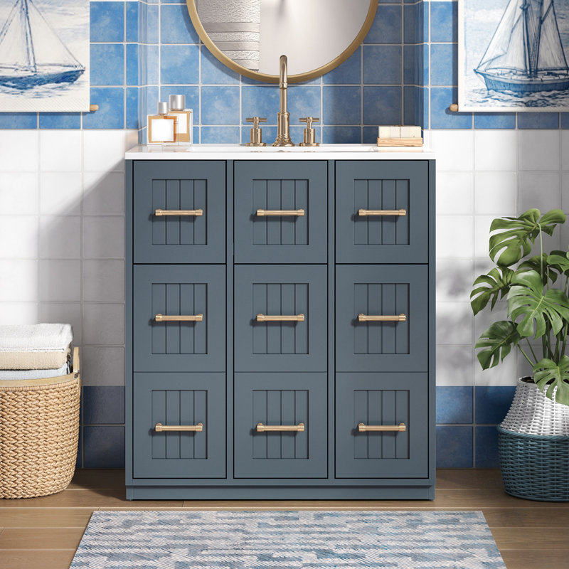 Meuble-lavabo avec lavabo, 2 tiroirs et 3 portes, Bleu