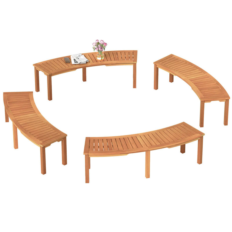 4-Piece Outdoor Curved Acacia Wood Bench Set for Yard
