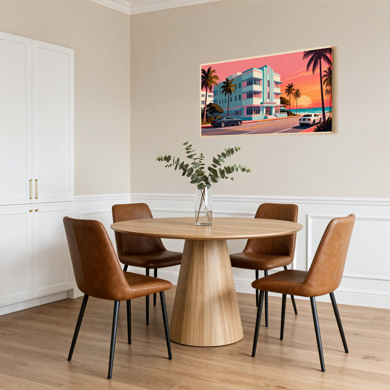 Ensemble de 1 tableau sur toile tendue représentant un édifice Art déco de Miami et des palmiers au coucher du soleil
