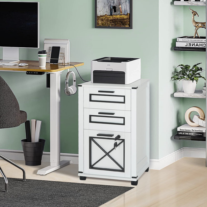 White 3 Drawer Wooden File Cabinet Printer Shelf With Lock