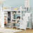 Metal Loft Bed With desk, USB Ports, 5-layer shelf, wardrobe and Stepped Stairs, White-484277670