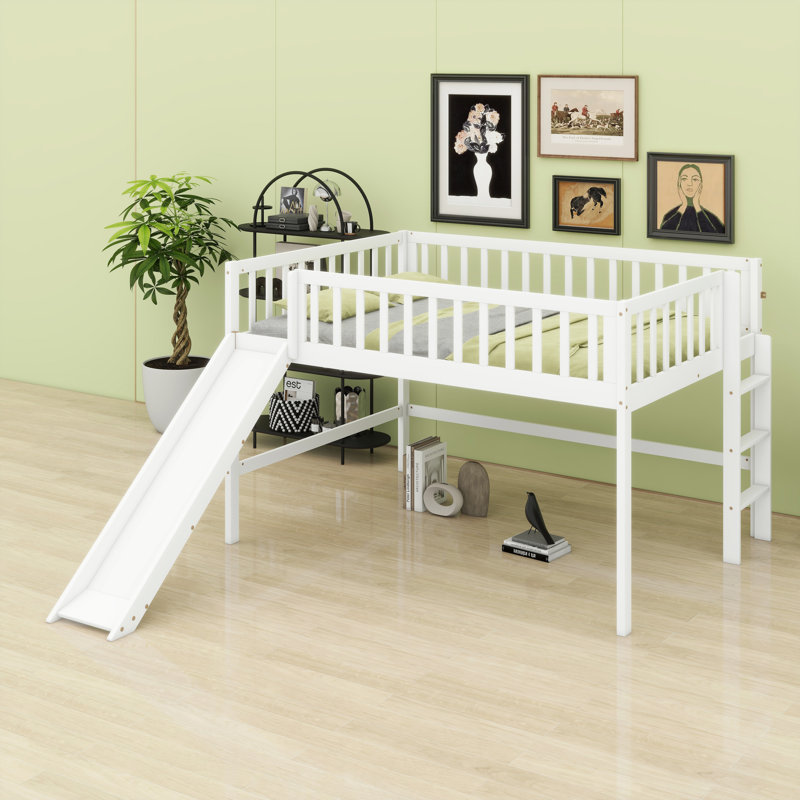 Base de lit mezzanine basse avec échelle attachée et glissade de jeu, Blanc