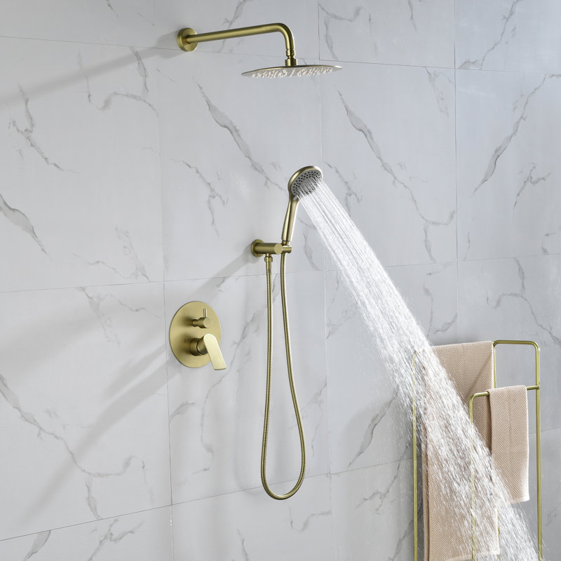 Système de douche complet rond 10 po avec valve brute et douche à main, Or brossé