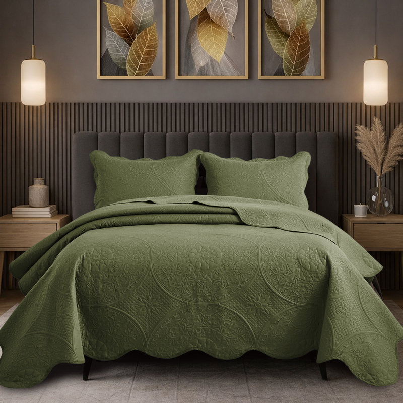 Ensemble de courtepointe à motif floral, Couvre-lit pour très grand lit + 2 taies décorat, Olive Green