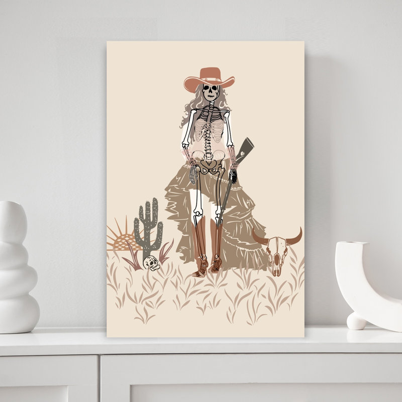 Bohemian Cowgirl Skeleton Rustic Abstract Cactus Animal Landscape Wall Art Print 1 Piece Wrapped Canvas Wall Art