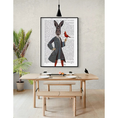 Lapin et oiseau, reproduction d'affiche de cardinal du Nord, imprimé de petit oiseau rouge, décoration murale excentrique de lapin classique, idée de cadeau amoureux des oiseaux