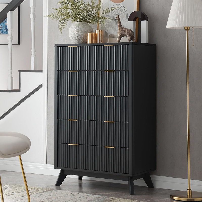 Siyuan Fluted Design 5-Drawers Dresser Organizer, Wood Tall Chest of Drawers, Dark Gray