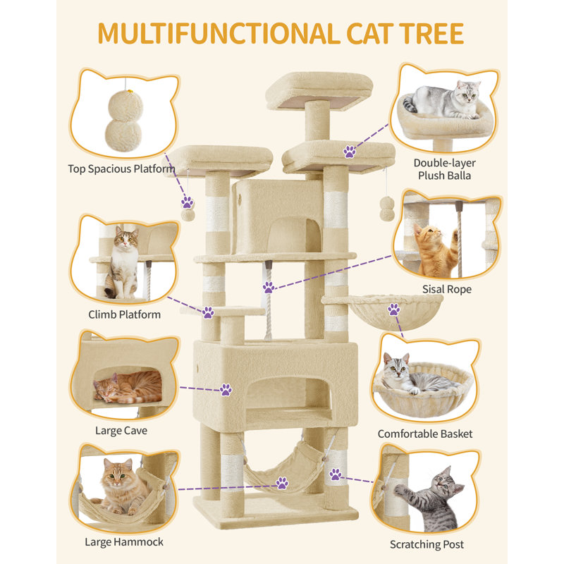 Cat Tree for Indoor Cats, 176cm Large Cat Tower, Multi-layer Scratching Post with 3 Platforms, 2 Caves, 7 Sisal Posts, Hammock, Pompoms, Heavy-Duty for Multi-Cat Homes