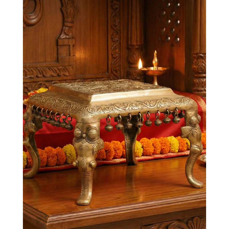 8" Handmade Brass Ritual Chowki – Elephant Leg Pedestal Stool with Ghungroo Bells (11" Wide)